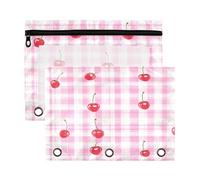 Fuauuyl Cherries on A Gingham - Estuche para lápices de 3 anillas, transparente con ventana para carpetas, bolsas de lápices con cremallera, paquete de 2