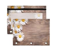 Fuauuyl Daisy on Wood - Estuche para lápices de 3 anillas, transparente con ventana para carpetas, bolsas de lápices con cremallera, paquete de 2