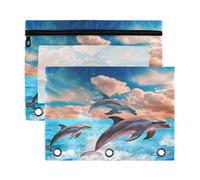 Fuauuyl Dolphin in The Ocean - Estuche para lápices de 3 anillas transparente con ventana para carpetas, bolsas con cremallera, paquete de 2