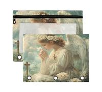 Fuauuyl Estuche para lápices con diseño de corazón y cruz de ángel para carpeta de 3 anillas, estuche transparente con ventana para carpetas, bolsas de lápices con cremallera, paquete de 2