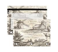 Fuauuyl Estuche para lápices de paisaje con molino de viento para carpeta de 3 anillas, estuche transparente con ventana para carpetas, bolsas de lápices con cremallera, paquete de 2