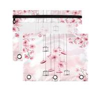 Fuauuyl Estuche transparente para lápices con diseño de campanillas de viento de cerezo con 3 anillas, para carpetas, bolsas de lápices con cremallera, paquete de 2