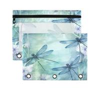 Fuauuyl Estuche transparente para lápices de libélulas de acuarela para carpeta de 3 anillas, estuche transparente para lápices con cremallera, paquete de 2