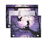 Fuauuyl Fairy of The Moon - Estuche para lápices de 3 anillas, transparente con ventana para carpetas, bolsas de lápices con cremallera, paquete de 2