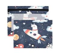 Fuauuyl Lama in A Rocket - Estuche para lápices de 3 anillas, transparente con ventana para carpetas, bolsas de lápices con cremallera, paquete de 2