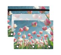 Fuauuyl Many Tulips in The Sky - Estuche para lápices de 3 anillas, estuche transparente con ventana para carpetas, bolsas de lápices con cremallera, paquete de 2