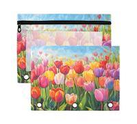 Fuauuyl Spring Tulip - Estuche para lápices de 3 anillas, transparente con ventana para carpetas, bolsas de lápices con cremallera, paquete de 2