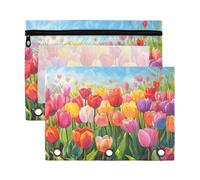 Fuauuyl Spring Tulip - Estuche para lápices de 3 anillas, transparente con ventana para carpetas, bolsas de lápices con cremallera, paquete de 2