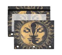 Fuauuyl Sun & Moon Face - Estuche para lápices de 3 anillas, transparente con ventana para carpetas, bolsas de lápices con cremallera, paquete de 2