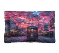 Fuauuyl Tapete suave para cama de perro con diseño de tranvía de puesta de sol, lavable a máquina, con parte inferior antideslizante para dormir de perro, 61 x 45 cm