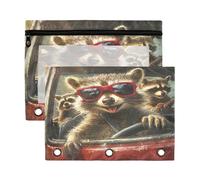 Fuauuyl The Little Raccoon is Driving - Estuche para lápices de 3 anillas, transparente con ventana para carpetas, bolsas de lápices con cremallera, paquete de 2
