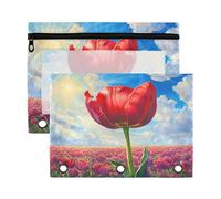 Fuauuyl Tulip Spring - Estuche para lápices de 3 anillas, transparente con ventana para carpetas, bolsas de lápices con cremallera, paquete de 2