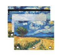 Fuauuyl Van Gogh's Fields - Estuche para lápices de 3 anillas transparente con ventana para carpetas, bolsas con cremallera, paquete de 2
