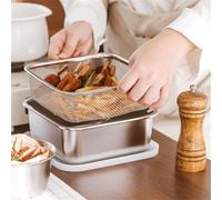 FUBESK Bandeja de acero inoxidable para hornear con cesta de filtro y cubierta, almacenamiento de cocina, 3 piezas, 19 x 19 x 5,6/7,2/9 cm, apta para lavavajillas