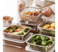 FUBESK Bandeja de acero inoxidable para hornear con cesta de filtro y cubierta, almacenamiento de cocina, 3 piezas, 19 x 19 x 5,6/7,2/9 cm, apta para lavavajillas