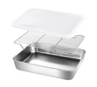 FUBESK Bandeja de acero inoxidable para hornear con estante de refrigeración y cubierta, juego de almacenamiento para refrigerador de cocina, 3 piezas, apto para lavavajillas