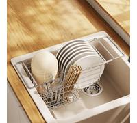 FUBESK Escurridor de platos extensible de acero inoxidable con soporte para utensilios para fregadero de cocina, 40,5 x 18 x 13 cm, color plateado