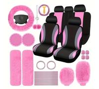 FUBESK Kit de accesorios de coche de felpa rosa y negro, 45 fundas de asiento peludas con protector de volante, suave y lavable para la mayoría de vehículos (rosa)
