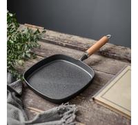 FUBESK Sartén de hierro fundido estriado de 22 cm con mango de madera resistente al calor para cocinar en casa, compatible con pescado, camarones, chuletas de cerdo, asado