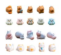 Fubuuf 20 Piezas Mini Figuras de Animales Adorables en Resina, 4 Modelos (Hipopótamo, Capibara, Búho, Gatito) Accesorios de Decoración para Micro Paisaje, Decoración de Escritorio, Coches y Hogar