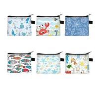 Fubuuf Set 6 Carteras Marinos, Mini Monedero Mujer Pequeño de Dibujos Animados, Portamonedas con Cremallera, Diseños Patrón Oceánicos para Lápiz Labial, Monedas, Tarjeta De Crédito, Llaves