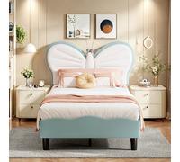 FUCMKON Cama infantil 90x200, cama para niñas con LED, cama para niños de 8 a 14 años, estructura de cama de princesa con somier, cabecero ajustable en forma de mariposa, terciopelo, sin colchón, azul