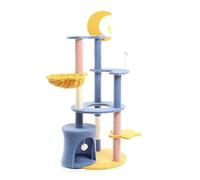 Fudajo Árbol rascador para Gatos Luna y Estrellas 132cm Azul/Amarillo con casa para Gatos y sisal