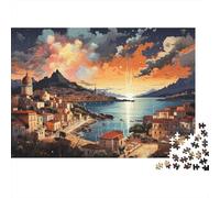 Fuegos Artificiales sobre Pueblo costero, Rompecabezas de 1000 Piezas decoración para el hogar para Adultos, Pueblo costero, Atardecer, mar, Paisaje, Premium, desafiante, Alivio del estrés, 38x26cm