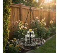 Fuente colgante de baño para pájaros con bomba solar, ducha escalonada en cascada, 18 in / 45 cm de alto, lavabo de plástico gris de 9.25 pulgadas, incluye cadenas y gancho para jardín al aire libre