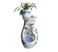 Fuente de agua interior Fuente de agua de mesa de escritorio for interiores, fondo blanco, florero de resina con niveles de flores azules, elegante fuente decorativa de agua interior for el hogar y la