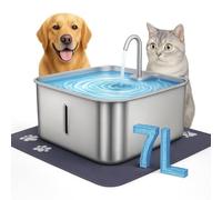 Fuente de agua para mascotas de acero inoxidable de 7 litros, dispensador de agua automático ultrasilencioso para gatos y perros con doble filtro, alfombrilla antideslizante impermeable y gran