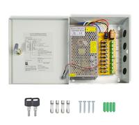 Fuente de Alimentación 12V 10A 120W CCTV, 9 Canales Caja de Alimentación Distribuida con Carcasa Metálica para Cámaras de Seguridad, DVR e Iluminación LED