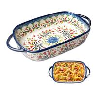 Fuente de cerámica rectangular atributos de cerámica para hornear, con asas, funcionalidad vintage, para cocina y mesa de comedor (mango doble, 23,5 x 13 x 5 cm)