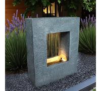 Fuente de jardín con iluminación LED 65x53 cm, fuente de habitación, fuente de piedra, cascada de agua, rectangular, blanco cálido, fuente de jardín, decoración de jardín