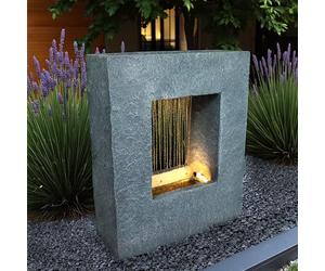 Fuente de jardín con iluminación LED 65x53 cm, fuente de habitación, fuente de piedra, cascada de agua, rectangular, blanco cálido, fuente de jardín, decoración de jardín