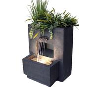 Fuente de jardín con iluminación, plantable, Aspecto hormigón, 57 cm, Fuente de Agua, Cascada, Blanco cálido