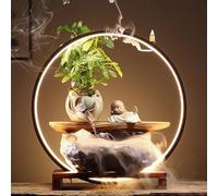 Fuente de mesa con luz LED, adorno de agua que fluye inspirado en el Zen para oficina o sala de estar con base de madera maciza y lavabo de almacenamiento de agua