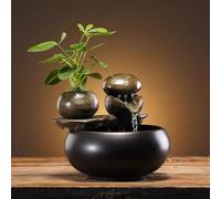 Fuente de mesa de cerámica con elemento de agua de piedra - Fuente de mesa negra brillante con diseño natural, decoración de oficina silenciosa para relajarse en casa y oficina'