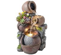 Fuente exterior Outsunny con macetas y jardineras rústicas de 4 niveles, cascada, fuente de jardín con luces LED, caudal ajustable, fuente de jardín para patio, terraza, marrón rústico.