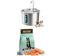 Fuente para Gatos Acero Inoxidable 2,2 L&Pienso Seco Natural para Perros Adultos con Salmón (30%) y Pollo, Rever Sin Cereales, Rico en Omega para Digestión y Piel Sana - 3 kg