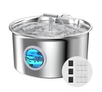 Fuente para gatos de acero inoxidable para gatos, fuente de agua para gatos, 2,6 L, silenciosa, con 6 filtros de carbón + 3 esponjas, ventana de nivel de agua con iluminación LED