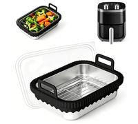 Fuente para horno Airfryer, accesorios para freidoras de aire Ninja de acero inoxidable, resistente al calor, resistente a los arañazos, bandeja de horno de acero inoxidable con asas de silicona