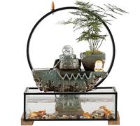 Fuente Zen de interior con pecera, anillo LED y quemador de incienso, decoración de Feng Shui con agua que fluye, bola de cristal y maceta viva (ordinaria)