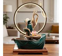 Fuentes artísticas con Efecto Cascada, Quemador de Incienso de reflujo con Forma de Loto y Anillo Luminoso, Fuente Agua de Mesa para decoración Interiores, Ideal para Relajarse o meditar(A)