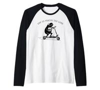 Fuera para Alabar Al Señor Rana Montando Scooter Christian Meme Camiseta Manga Raglan