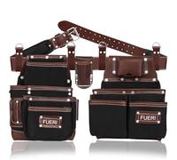 FUERI Cinturón de herramientas de cuero de nailon resistente para hombre, bolsas de carpintero, bolsas de electricista, organizador para estructura de construcción (negro y marrón, cintura de 30 a 52
