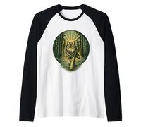 Fuerte Lobo Bosque Camino Vintage Xilografía Al Aire Libre Naturaleza Camiseta Manga Raglan