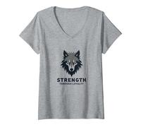 Fuerza a través de la Lealtad Lema del Paquete de Camiseta Cuello V, Mujer, Gris Jaspeado, S