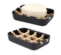 Fufengz Jaboneras de Madera de bambú para baño, Barra de jabón, Soporte de jabón de Ducha, Fregadero, Cubierta, Bandeja de Ducha (Dos Piezas, Negro)