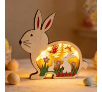 FUFRE Decoración de Pascua de madera, figuras decorativas de madera con cadena de luces LED, conejo de Pascua 3D, decoración LED, funciona con pilas, decoración de Pascua, moderna, segura, no tóxica